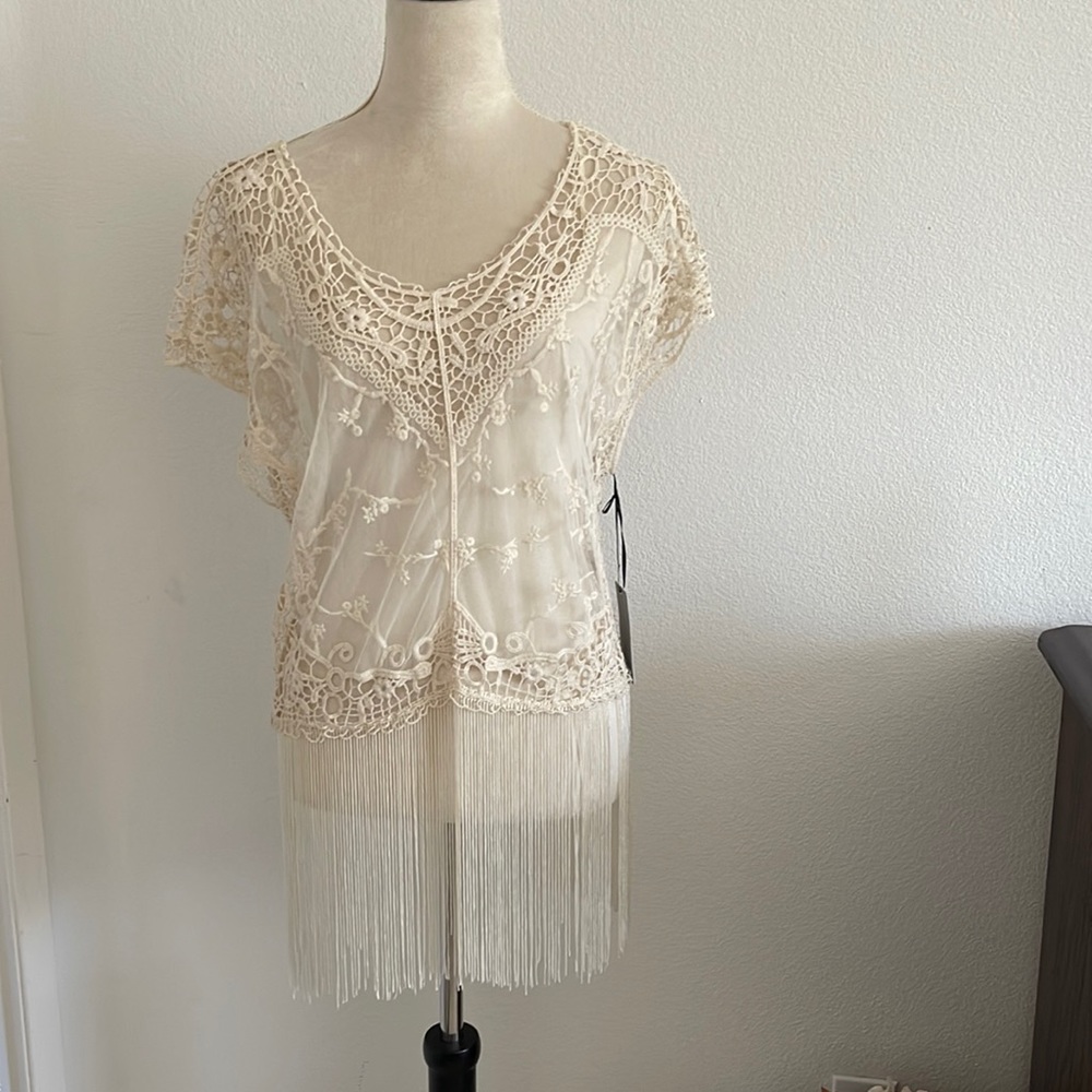 Lace with crochet and fringe overlay top sleeveless with tags